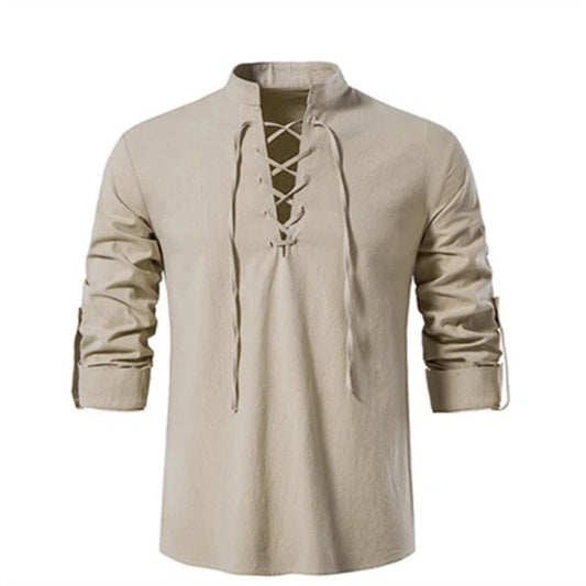 Men's V-neck shirt T-shirt Fashion Vintage Thin Long Sleeve Top men Casual Breathable Viking Front Lace Up man Shirts