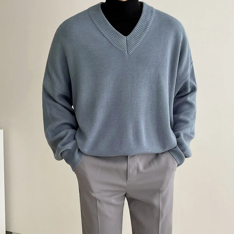 Men Winter V-neck Thickening Sweater Solid Color Casual Pullovers Fashion Korean Style Casual Knitwear For Male