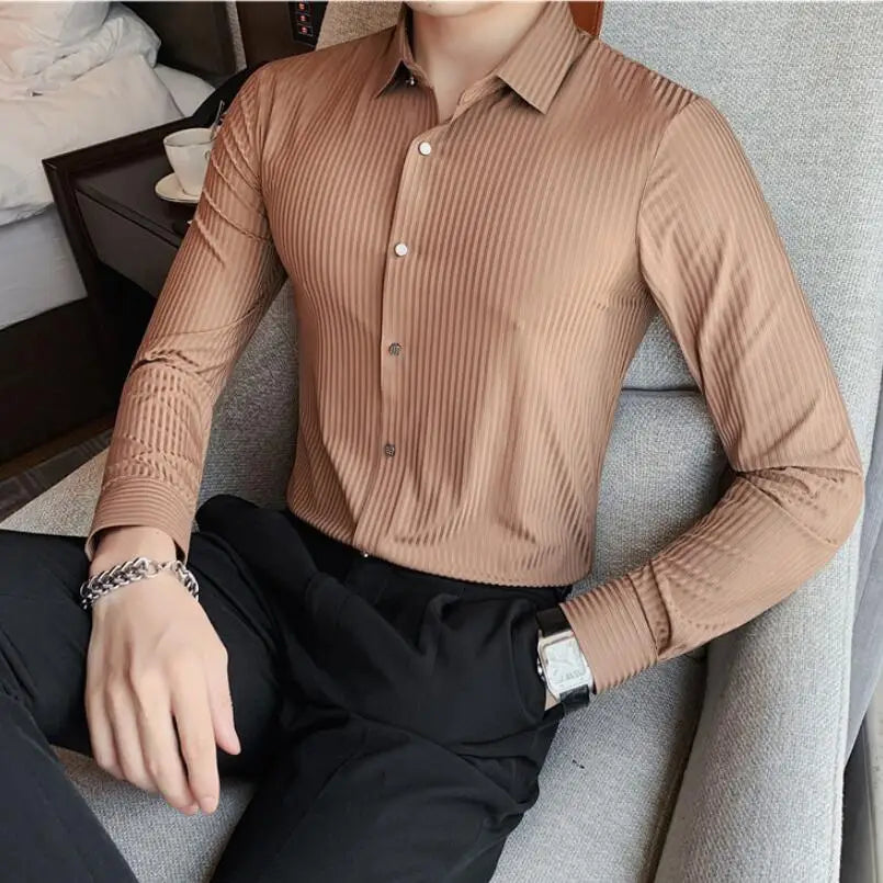 saferido Spring Autumn Long Sleeve Men Vintage Shirts Fashion stripe Slim Fit Korean Mens Shirt Luxe Homm Office Dress Shirts S-4XL