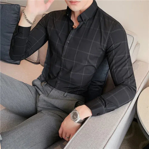 saferido Spring Business Casual Plaid Shirt Men's Formal Workwear Wedding Dress Slim Social Party Clothes Checked Shirt S-4XL