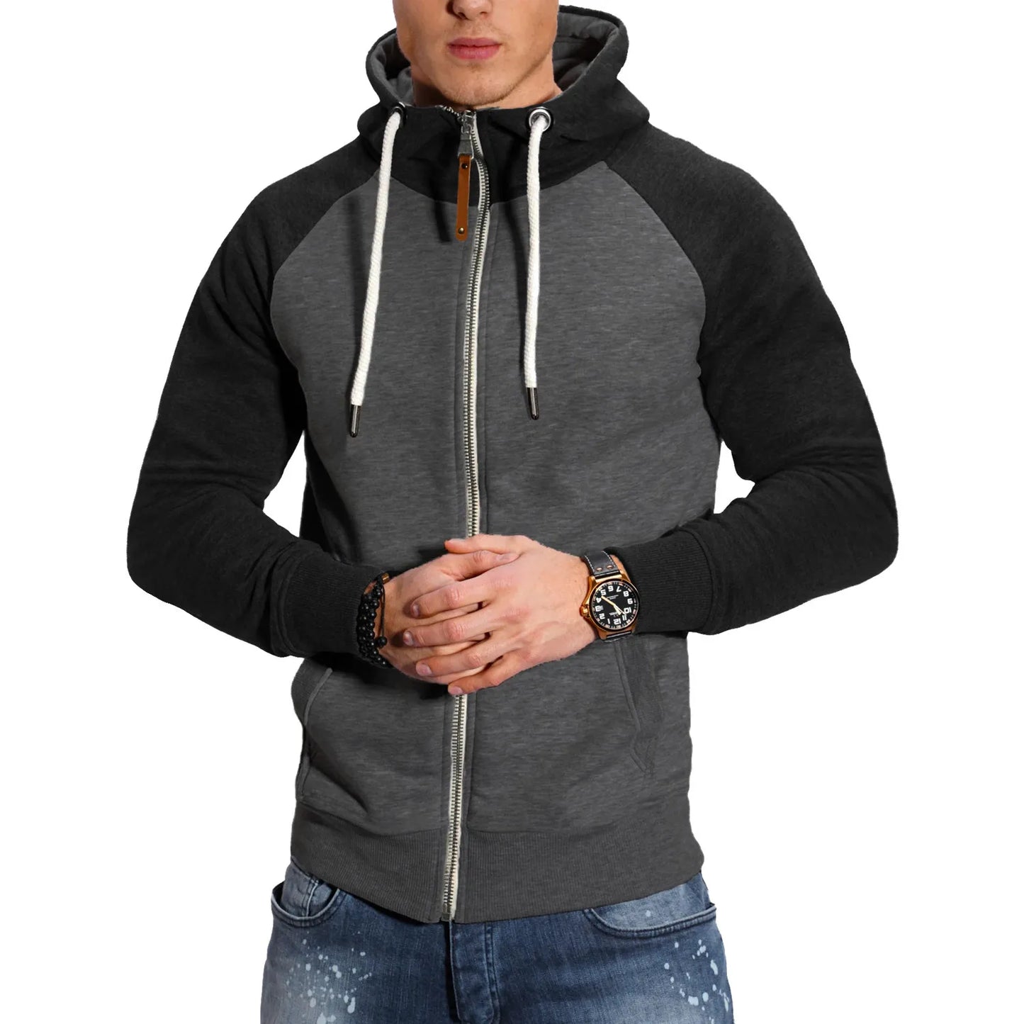 Autumn and Winter Men's Color Matching Sport Plus Fleece Cardigan Hoodie Casual Fashion European Code with Rotator Sleeve Coat