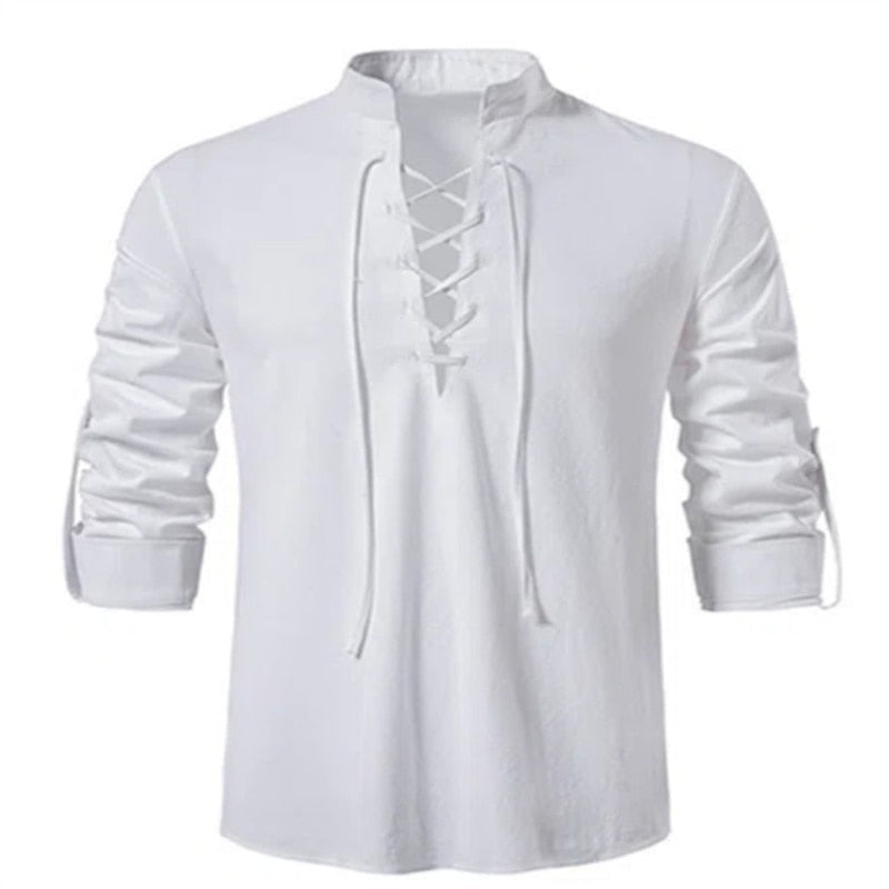 Men's V-neck shirt T-shirt Fashion Vintage Thin Long Sleeve Top men Casual Breathable Viking Front Lace Up man Shirts