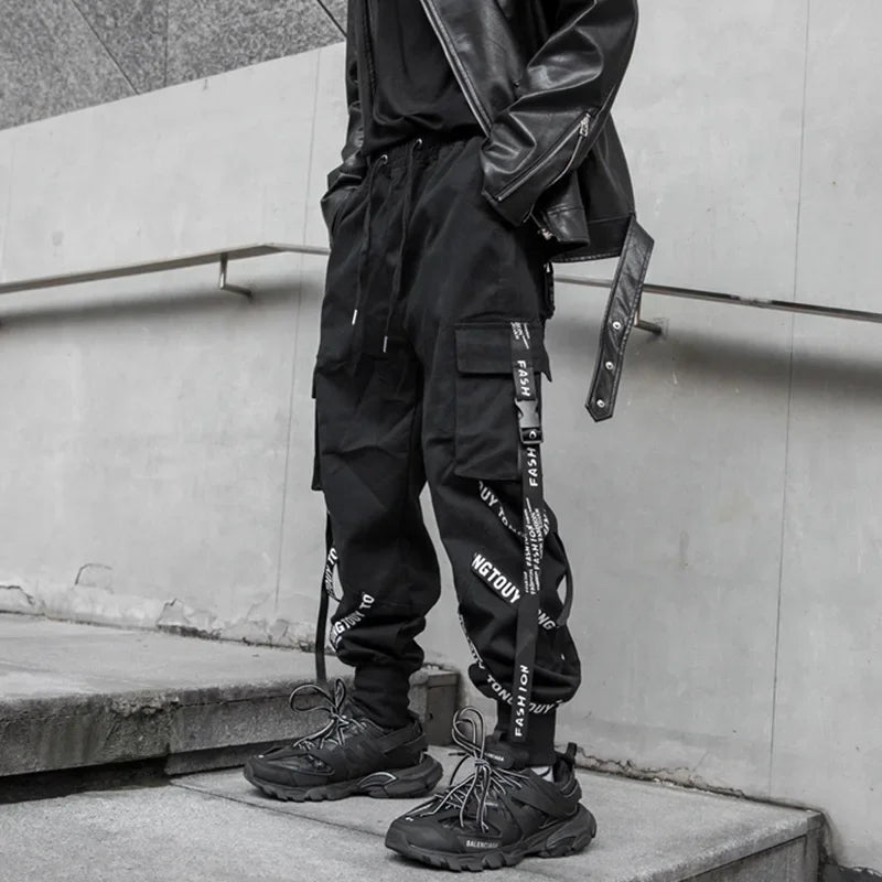 saferido Techwear Cargo Pants Men Joggers Black Cargo Trousers for Men Jogging Japanese Streetwear Hip Hop Hippie Gothic Ribbon
