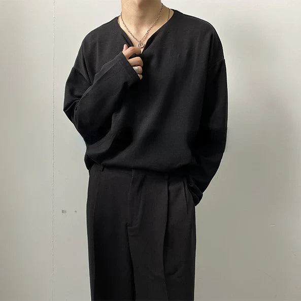 Autumn 100% Cotton V-neck Long Sleeve T-shirts Men Ins Korean Casual Solid Color Tops High-end Design Loose Bottoming Shirt Men