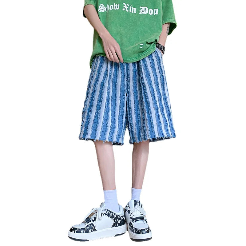 saferido Hip hop denim shorts American street style heavy industrial men's denim shorts New punk loose fitting fashion shorts Blue black
