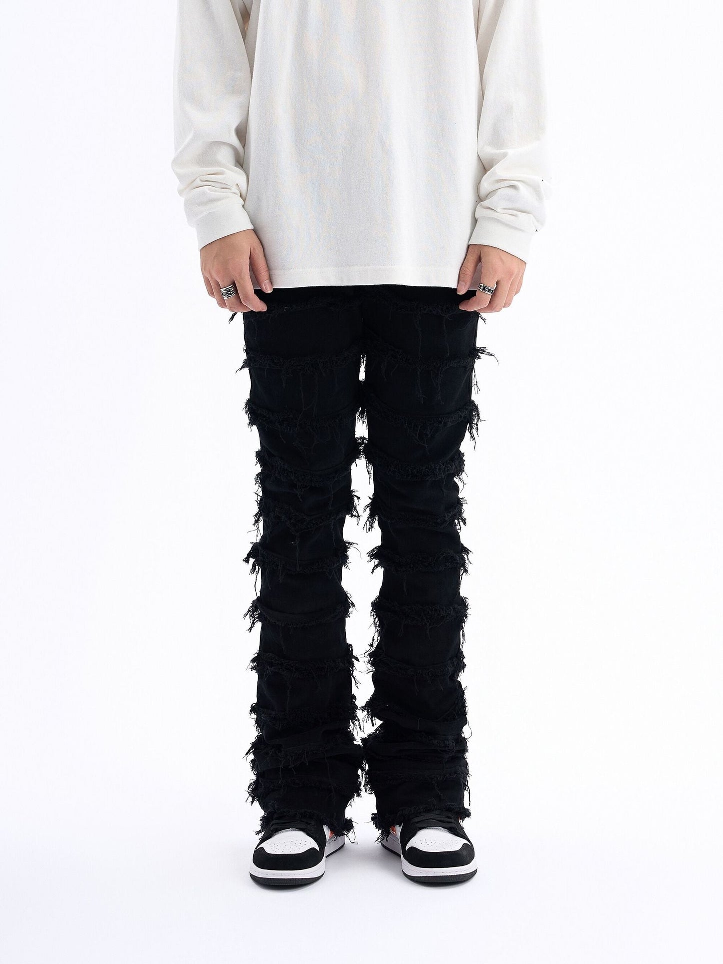 American style black erosion damaged rough high street jeans men's ins hip-hop fashion vintage skinny pants streetwear