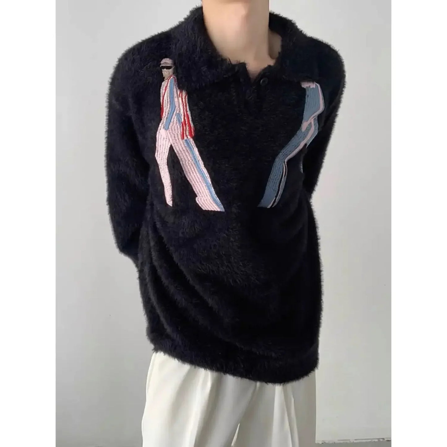 Lapel design jumper embroidered imitation mink down sweater men's winter comfortable loose y2k tight knit school style top