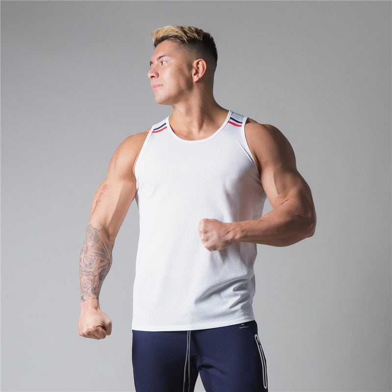 Men's Fitness Gym Mesh Breathable Striped Tank Top Men's Sleeveless Shirts Men's Sports Tank Top Gym Running Crew Tank Top Men's