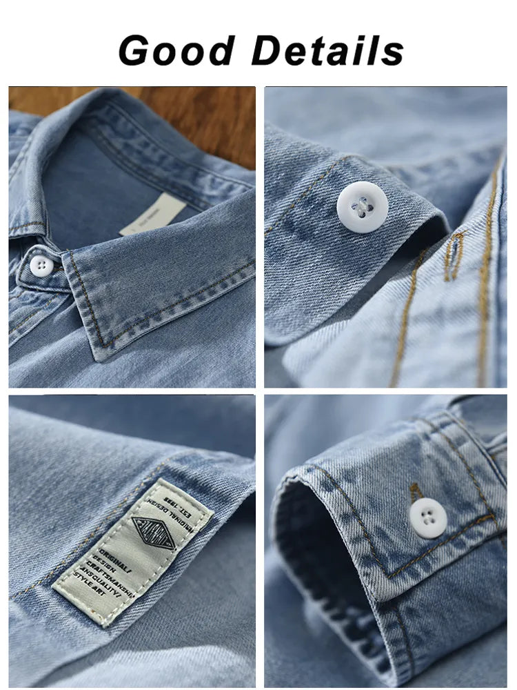 Autumn New Denim Shirt Men Classic Casual Chest Pockets Soft Cotton Long Sleeve Cowboy Loose Blue Jeans Shirts