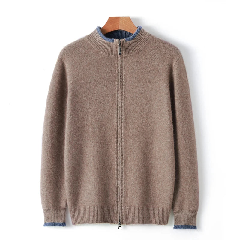 Autumn/Winter New 100% Pure Cashmere Sweater Men's Half High Neck Knitted Zippered Cardigan Solid Color Wool Top Coat
