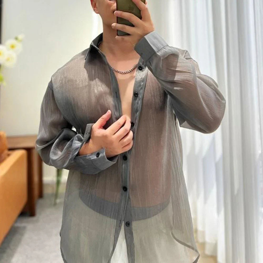 saferido Trendy Fashion Shirt Men's See-through Solid All-match Blouse Spring Summer New Sexy Mesh Long-sleeved Shirts LGBT Streetwear