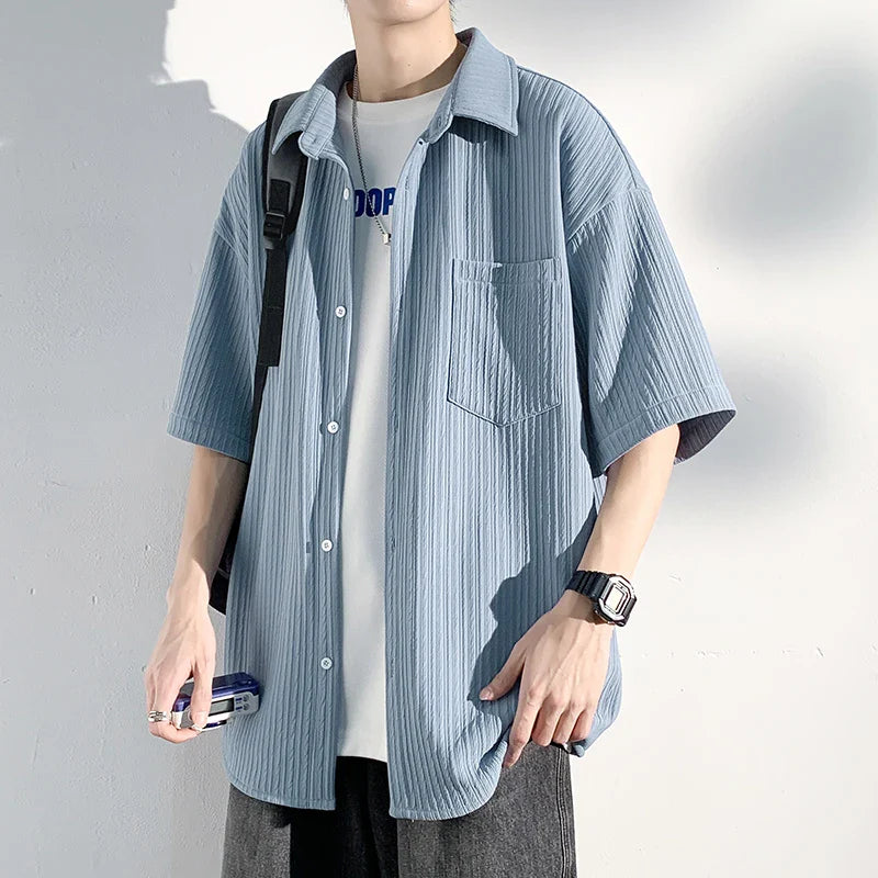 saferido Men's Short Sleeve Shirts Solid Color Blouses Fashion Streetwear Clothes College Style Tops Spring Summer Male Cardigan