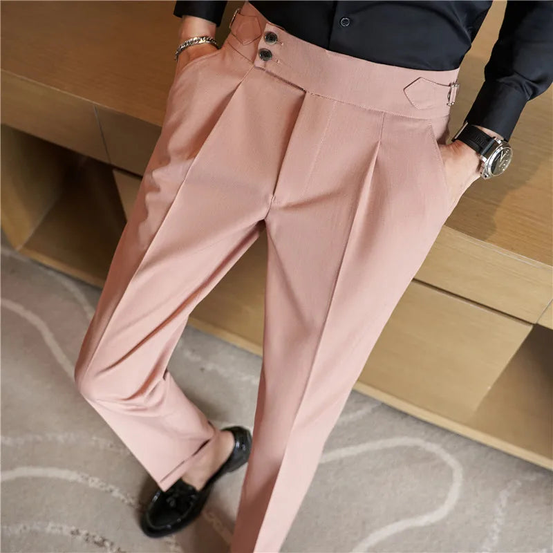 saferido British Style Men High Waist Casual Dress Pant Men Belt Design Pink Trousers Formal Office Social Wedding Party Dress Suit Pants