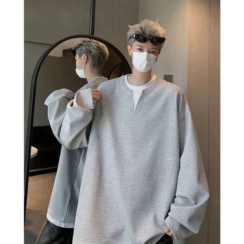 saferido Loose Casual Tshirt Men Fake Two-piece Long Sleeve T Shirt Neutral Streetwear Fashion Women Korean Pullover T-shirts Gray/Black