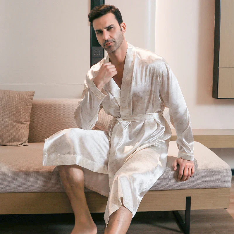 saferido Pajama men's spring and autumn silk thin style oversized pajamas long sleeved bathrobes ice silk bathrobes home clothing summer