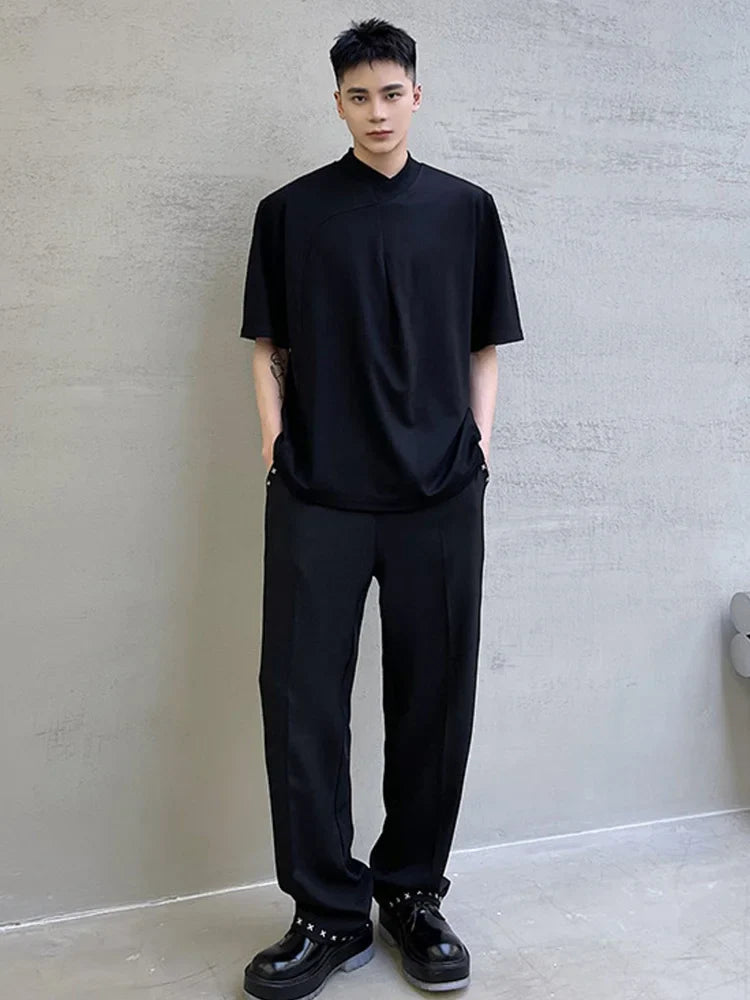 saferido Style Korean Personality Asymmetric Cross Rib Neckline Solid Colour Men's Casual Half Sleeve Tshirt New Fashionable Tops
