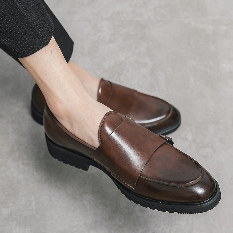 saferido Men Fashion Formal Shoes Handmade Monk Shoes Derby Dress Leather Shoe Gentleman Double Buckles Monk Shoes Pointed Wedding Shoes