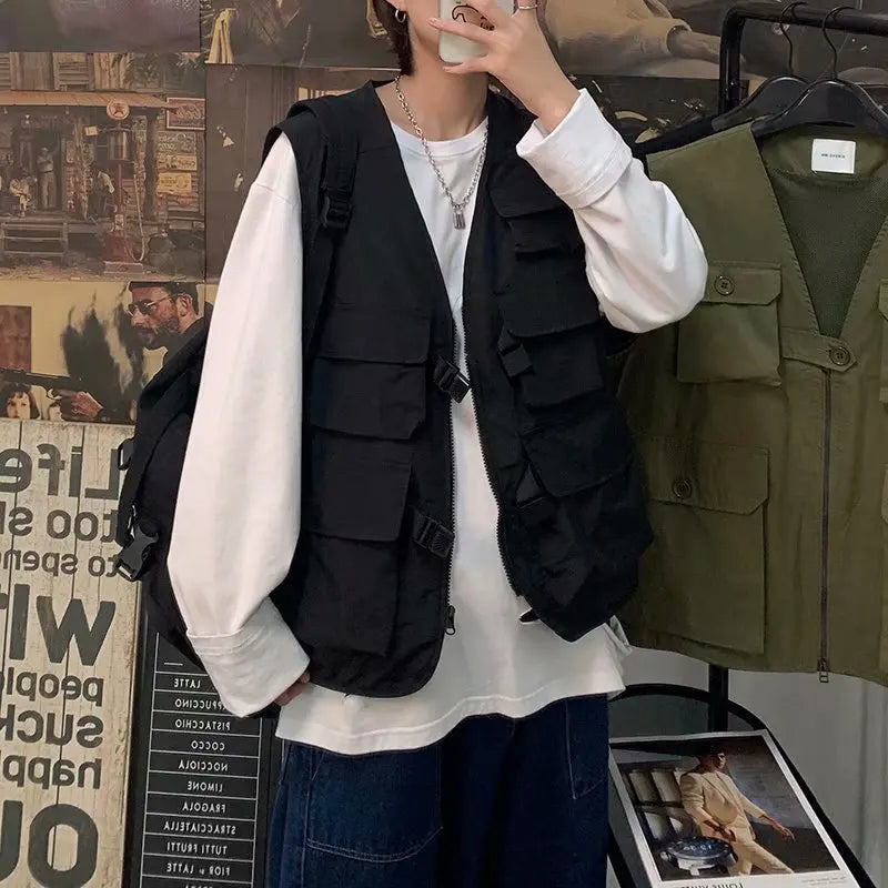 saferido Mens Vest Jacket Summer Thin Hip Hop Cargo Vest Design Tooling Pocket Vest Fashion Outwear Clothes Harajuku