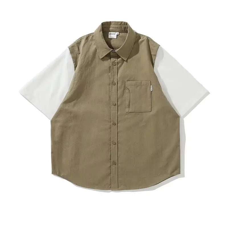 Summer Casual Men Set Japanese Patchwork Fake Two Half Sleeved Shirts+Pockets Cargo Pants 2-piece Set Couple Short Sleeve Suit