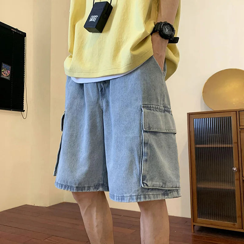 saferido Summer Men Denim Short Streetwear Vintage Korean Harajuku Pocket Jeans Shorts Hip Hop Cargo Pants Oversized Bottoms Male Clothes