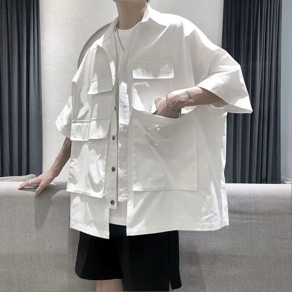 saferido Mens Big Pocket Workwear Short-Sleeve Shirt Streetwear Fashion Youth Trendy Solid Color Versatile Tops Men'S Clothing Spring New