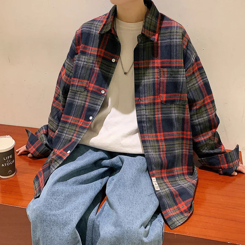 Harajuku Long Sleeve Plaid Shirts Men Big Size M-5XL Autumn Chic Loose Vintage High Street All-match Gentleman Camisa