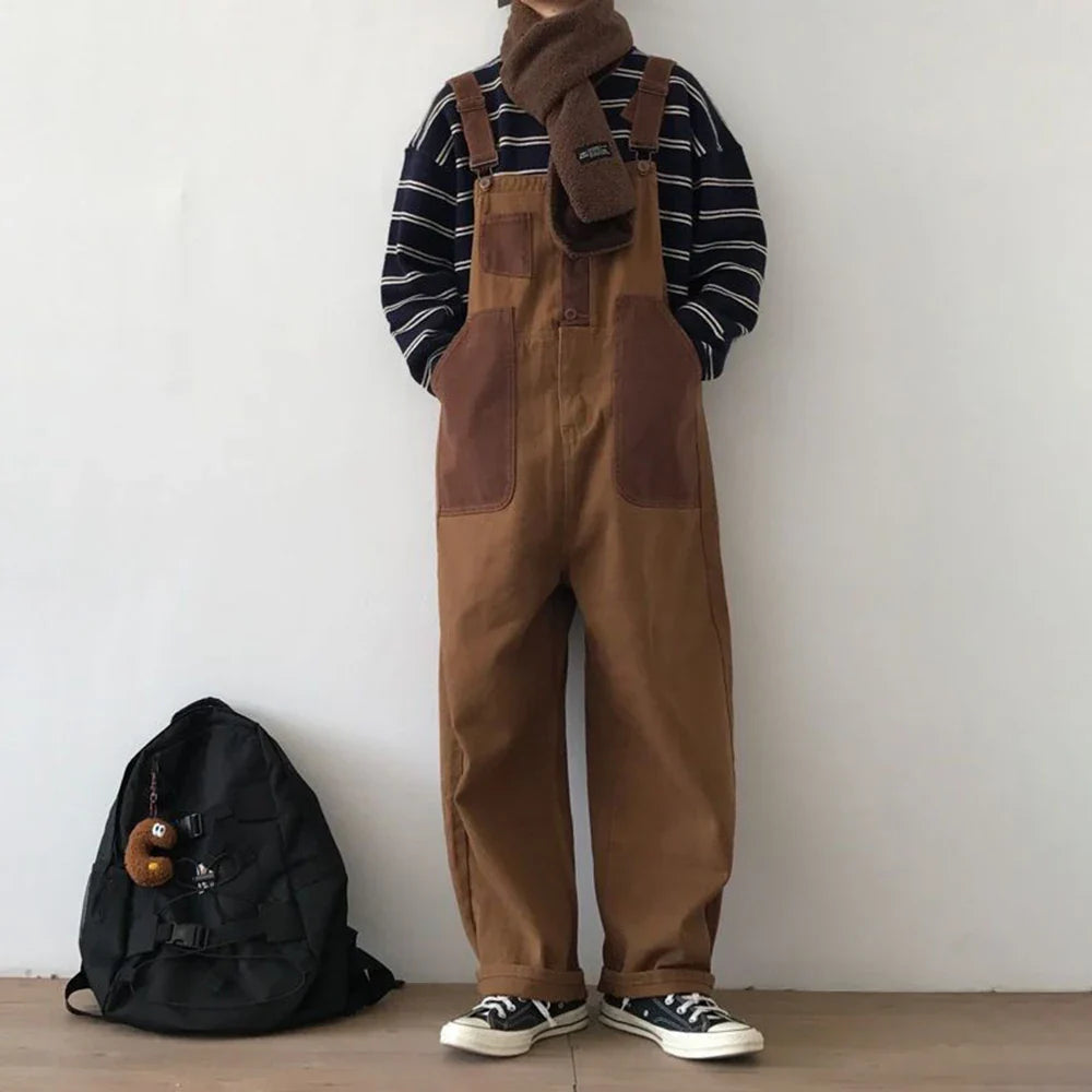 saferido Mens Japanese Workwear Style Casual Jumpsuit 2024 New Genderless Fashion Trend Loose Color Blocking Versatile Overalls Unisex