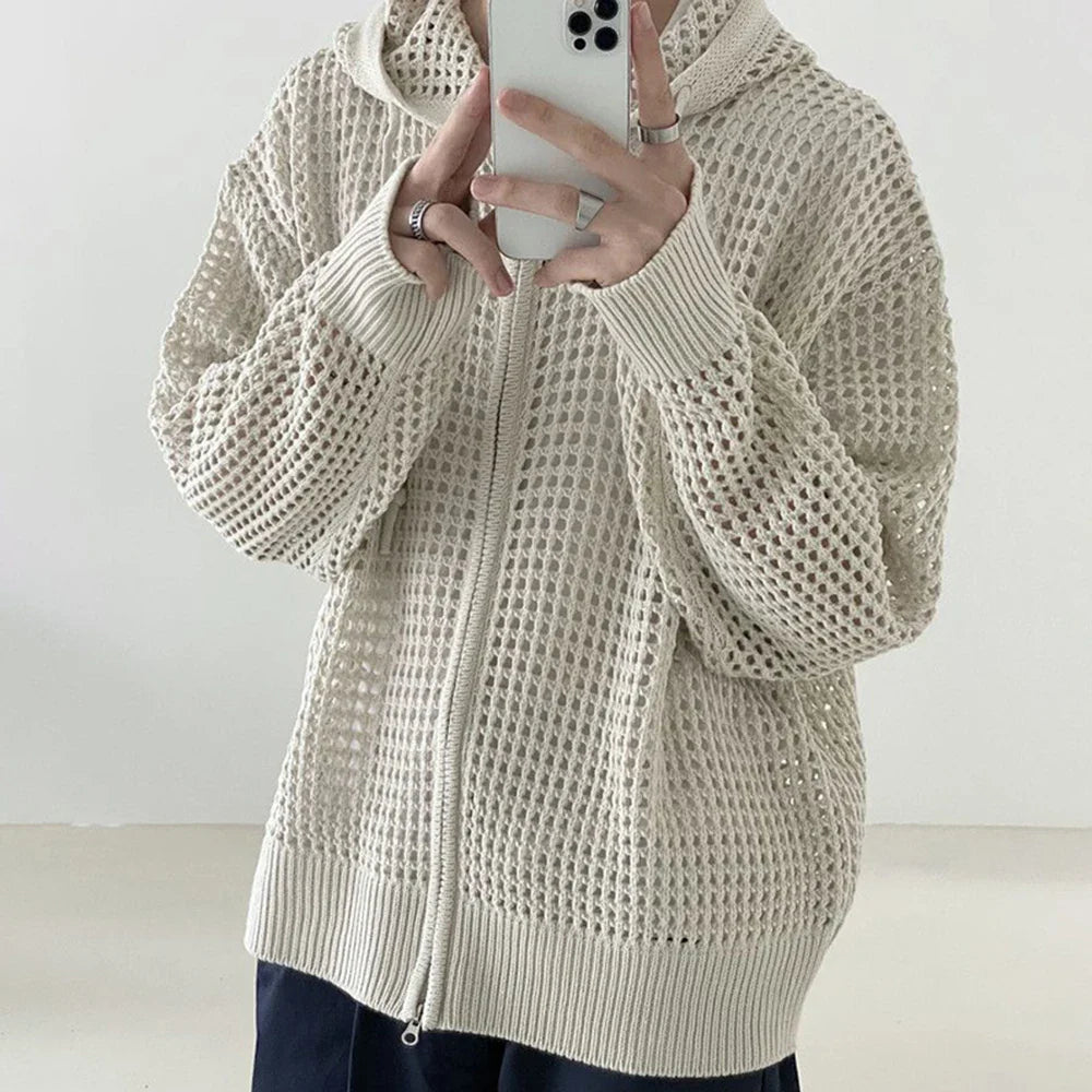 saferido Y2k Knitted Cardigan Men's Hollow Design Zipper Hoodie Outerwear Autumn Fashion Oversized Loose Sexy Long Sleeve Sweater Jacket