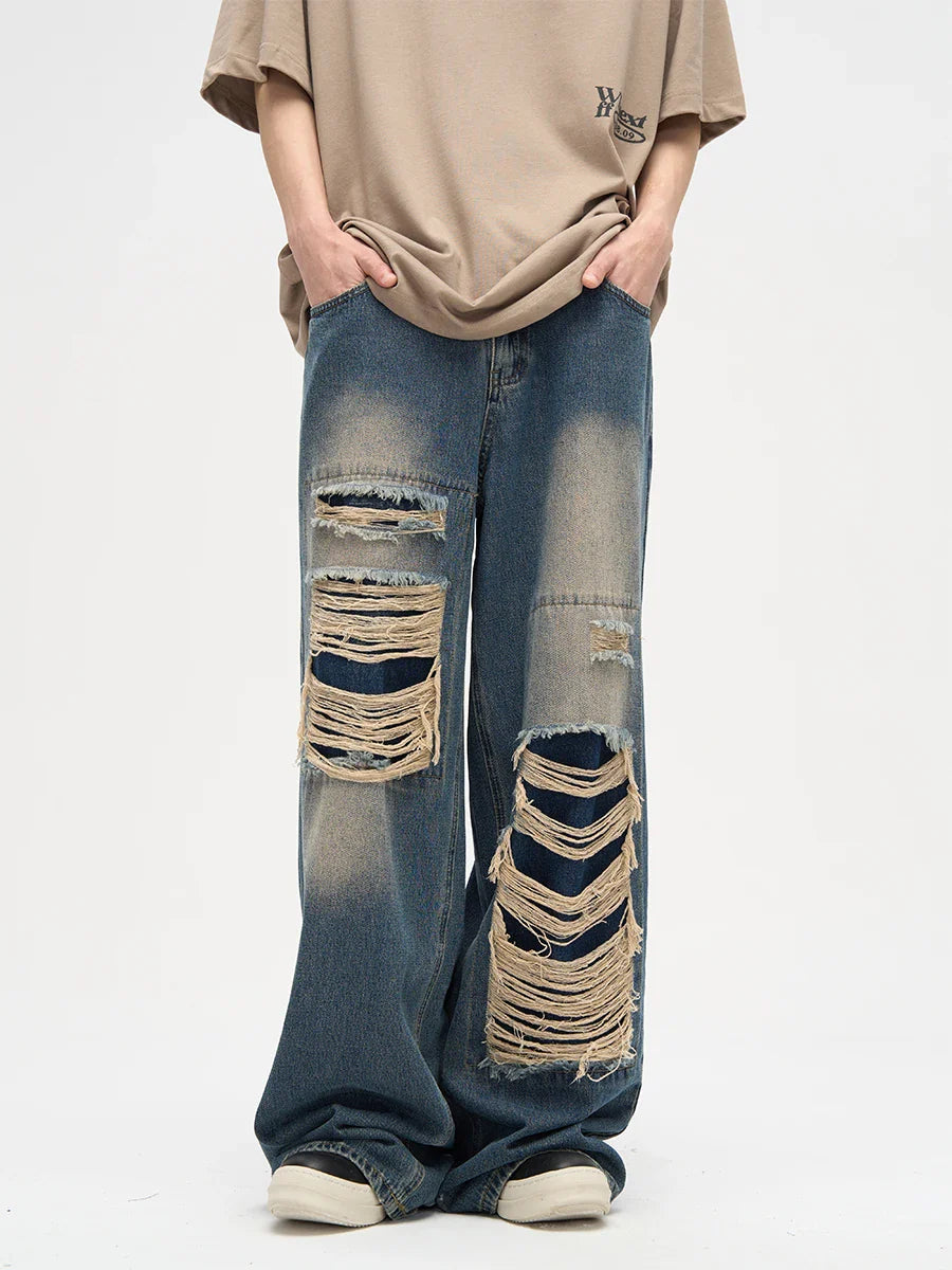 Jeans for Men Casual Straight Loose Summer Daily Hole Solid Color High Street Denim Trousers Breathable Trendy All-match Unisex
