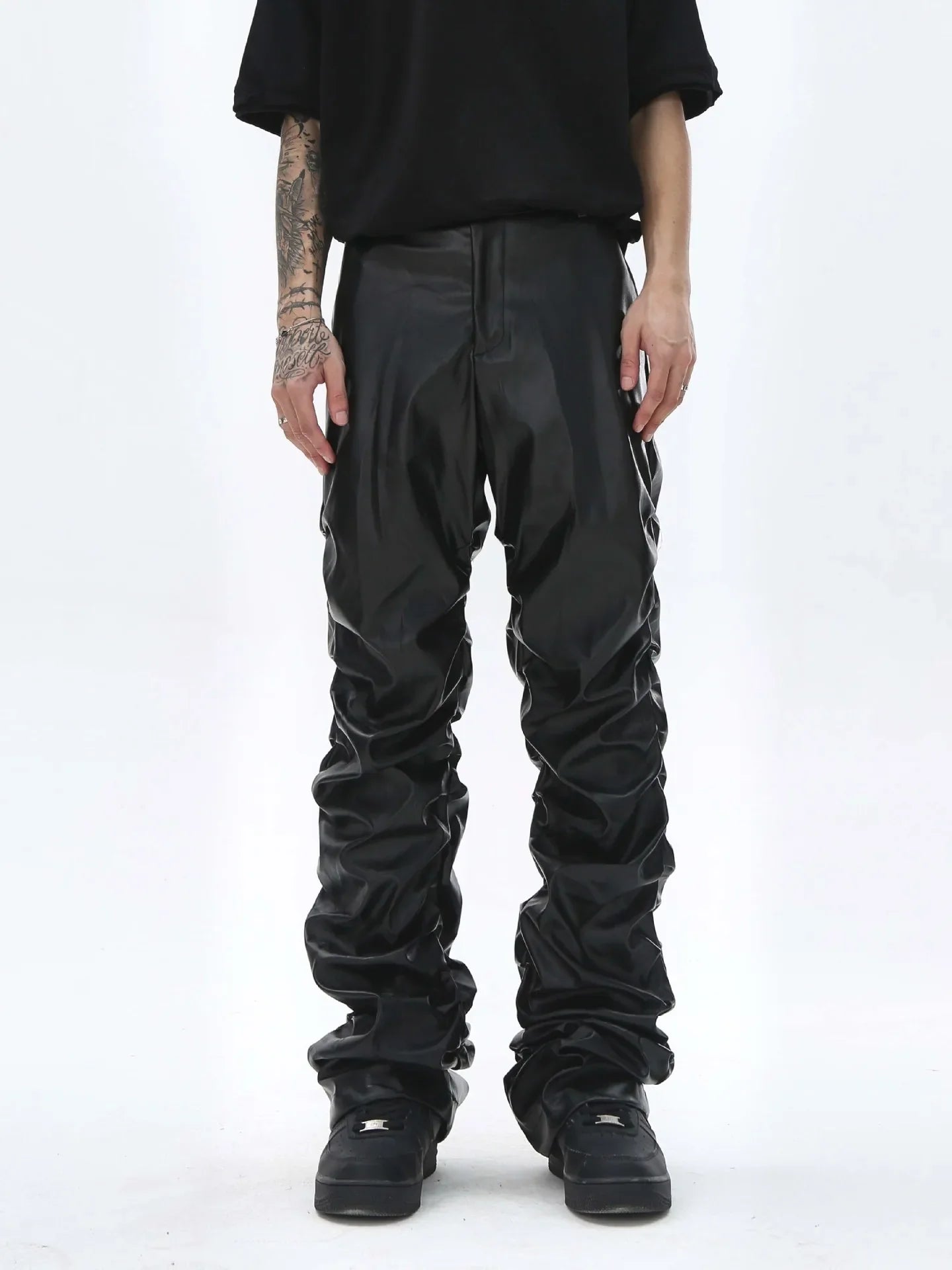 saferido Pleated Leather Pants Men’s Motorcycle Pants PU Leather Pants Men’s Punk Leather Cargo Pants Leather Pants