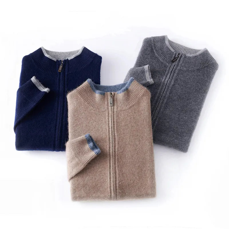 Autumn/Winter New 100% Pure Cashmere Sweater Men's Half High Neck Knitted Zippered Cardigan Solid Color Wool Top Coat
