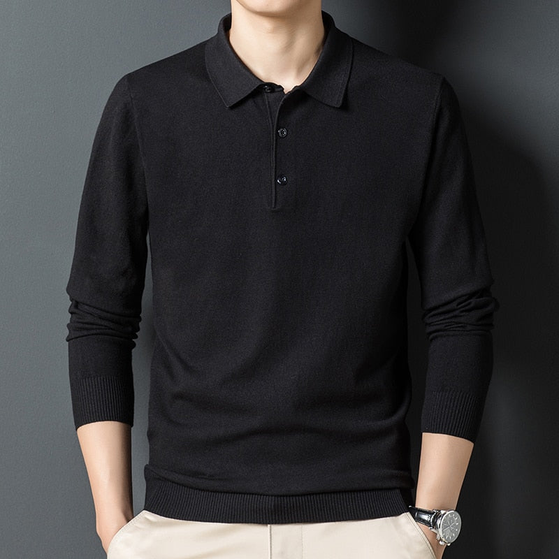 Autumn New Men's Solid Color Lapel Wool Sweater Classic Style Business Long Sleeve Thin Knit Sweater Male Brand Clothes