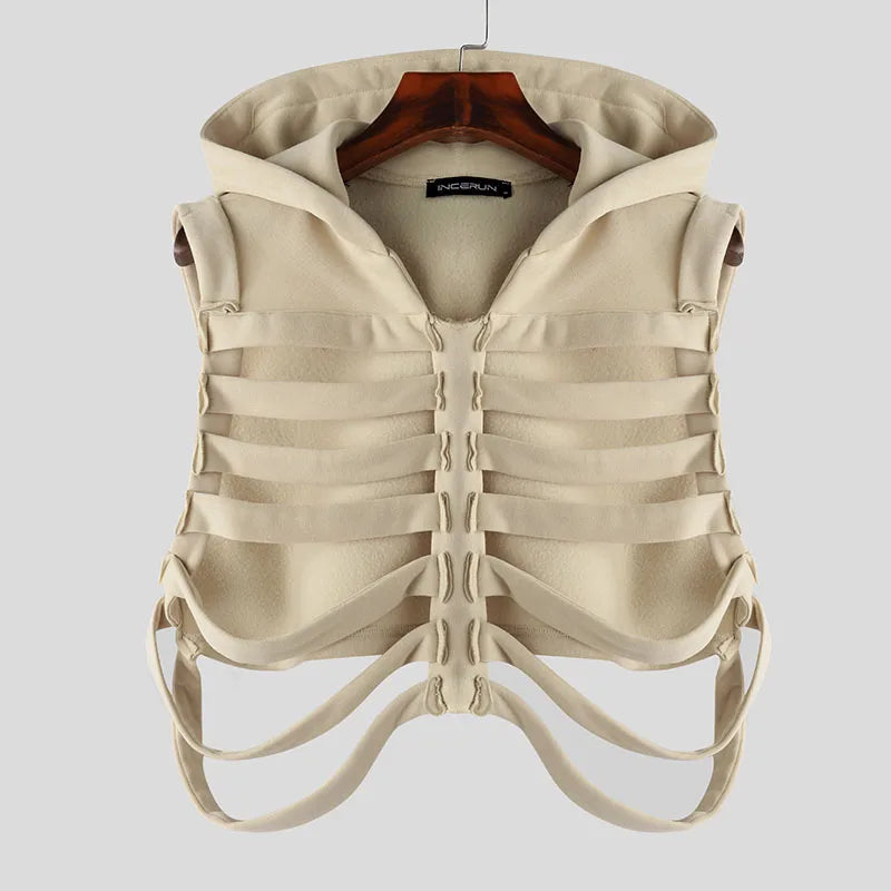 Fashion Casual Style Tops New Men's Funny Bone Deconstruction Design Vests Personality Solid Hooded Waistcoat S-5XL