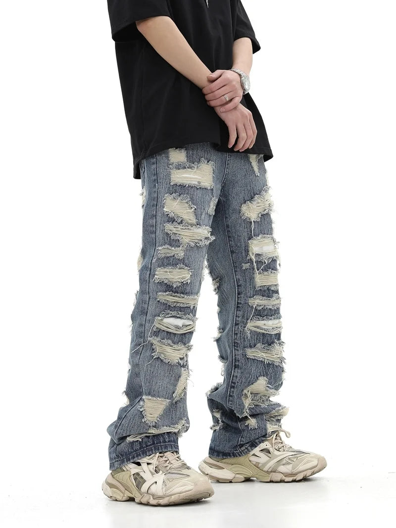 saferido American style high street washed personalized torn hole cut straight tube loose fitting jeans, versatile for men
