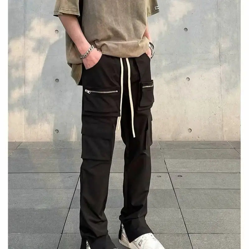 saferido Men's y2k street casual pans, men's zippered split spring and autumn men's straight fitting black European and American zippered