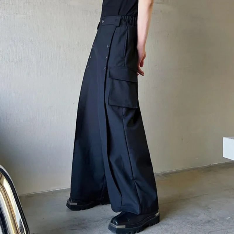 saferido Men's Casual Wide Leg Trousers Korean Style New High Waist Metal Piece Pocket Decoration Fashionable Pants Plus Size S-XL