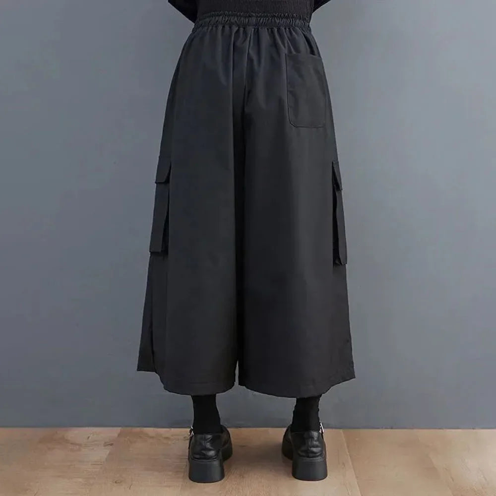 saferido Gothic Style Japanese Casual Large Pocket Culottes Fashion Loose Daily Versatile Elastic Waist Wide Leg Pants Unisex 2024 New