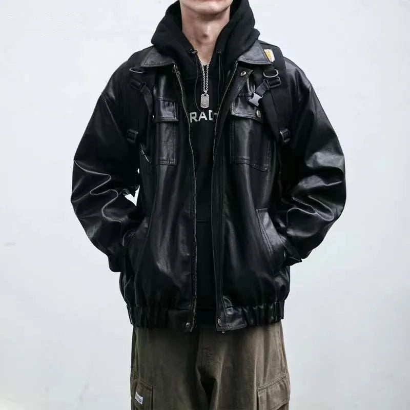 saferido Oversized Men's Leather Jackets Black VIntage PU Biker Coat Faux Leather Bomber Jacket Punk Big Pockets Windbreaker Overcoat