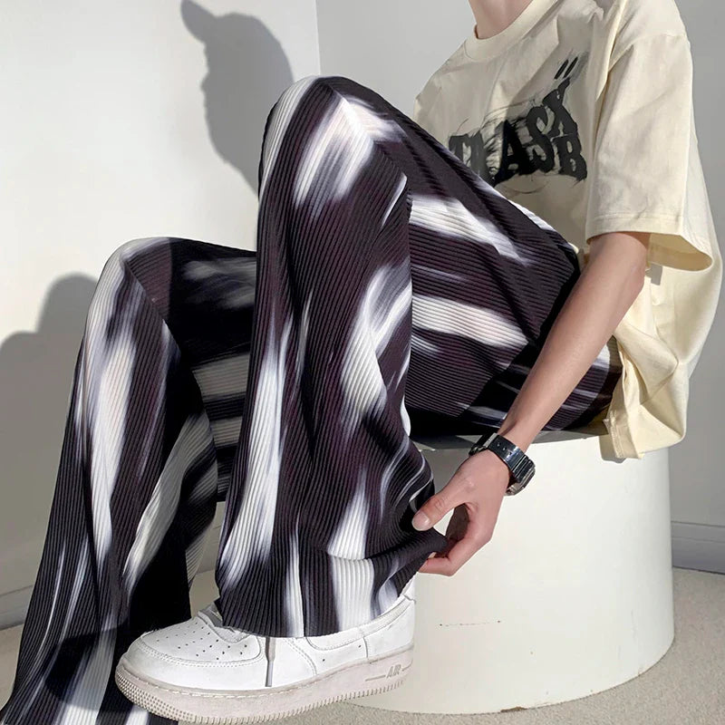 saferido Black Tie-dye Wide-leg Pants Men's Summer Loose Straight Ice Silk Drape Casual Pants Korean Style Pleated Pants Men Y2k