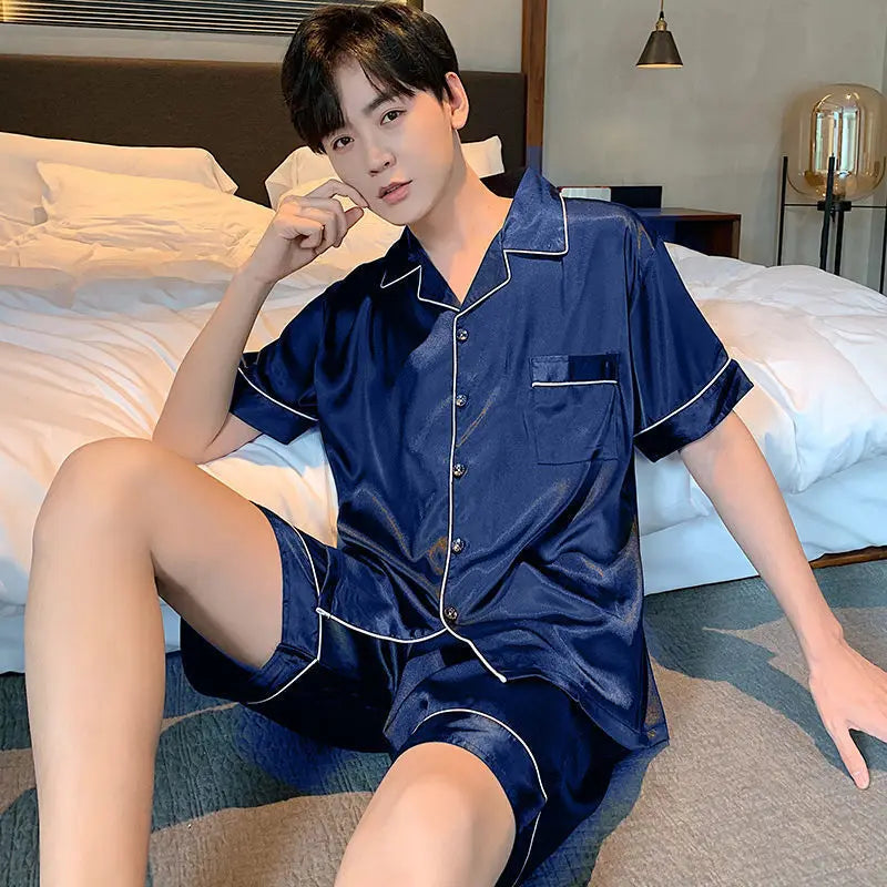 Men Pajama Sets Ice Silk Satin Short Sleeve Shirt+Shorts 2Pcs Suit Summer Thin Sleepwear Solid Color Male Casual Home Clothes
