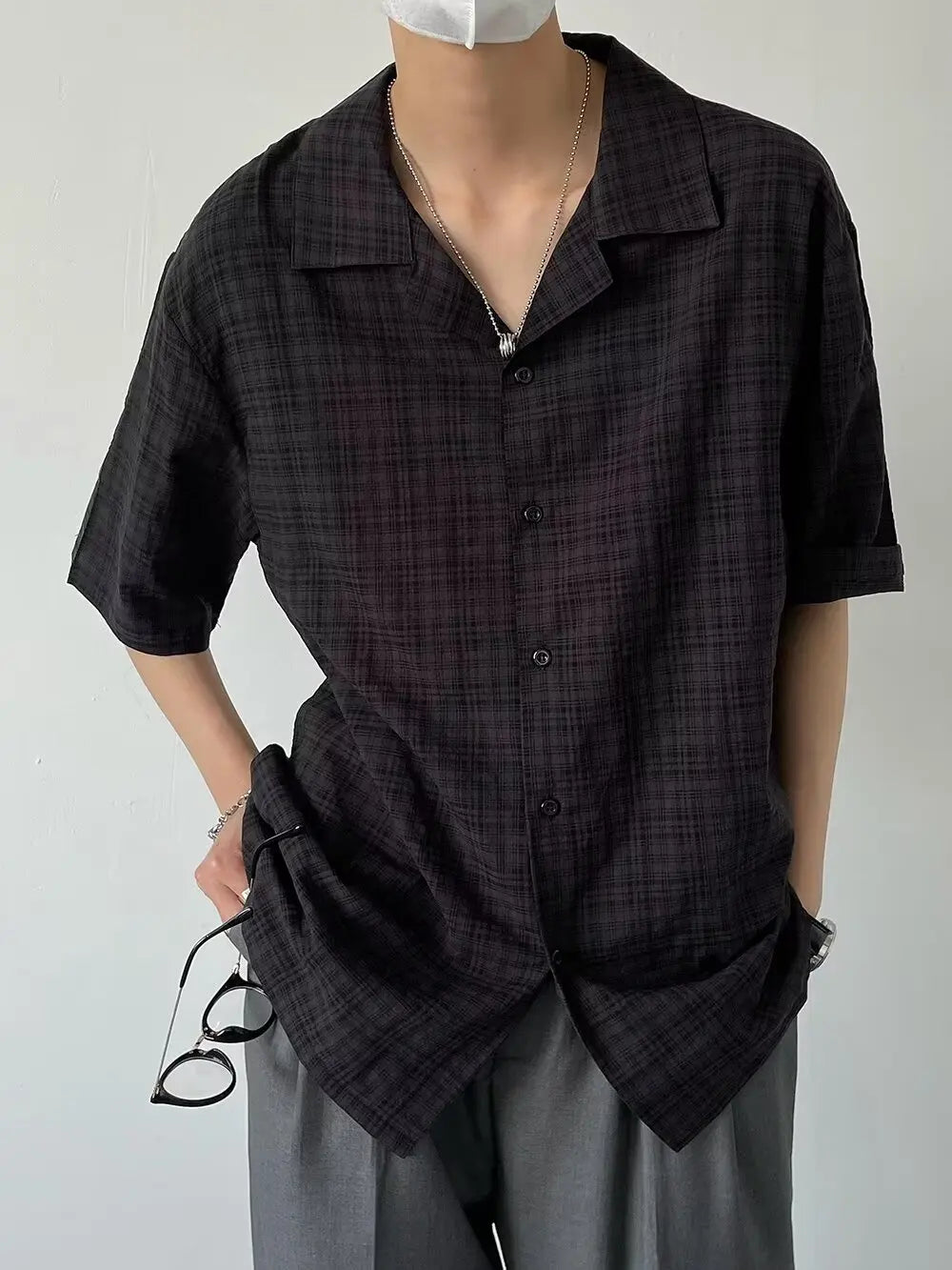 saferido Black Plaid Shirts Men Summer Loose Breathable Teens All-match Trendy Korean Fashion BF Simple Tops Streetwear Harajuku Camisas