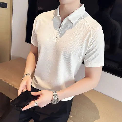 saferido British Style Summer polo shirts for Men Fashion pure color Short Sleeve Polo Shirts Slim Fit Casual Business Lapel Tee Tops 3XL