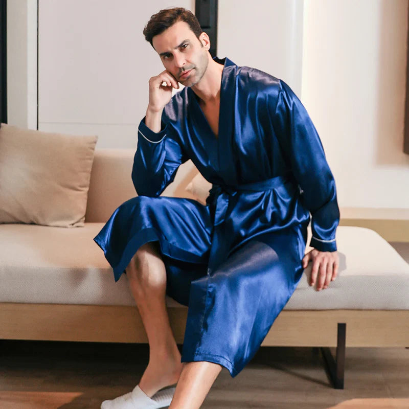 saferido Pajama men's spring and autumn silk thin style oversized pajamas long sleeved bathrobes ice silk bathrobes home clothing summer