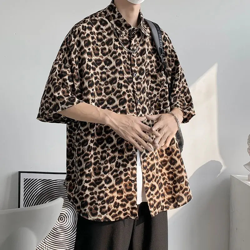 Fashion Casual Streetwear Korean Leopard Loose Button Handsome Shirts Spring Summer Thin Men's Clothing Turn-down Collar Tops