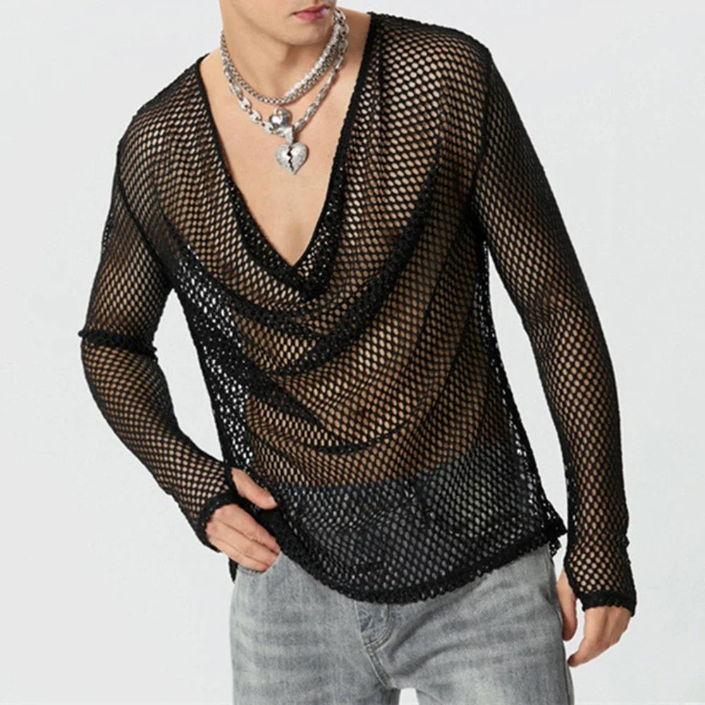 Mens Sexy See-Through Mesh Long-Sleeved Top New Genderless Nightclub Individuality Youthful Thin Low-Cut T-Shirt Unisex