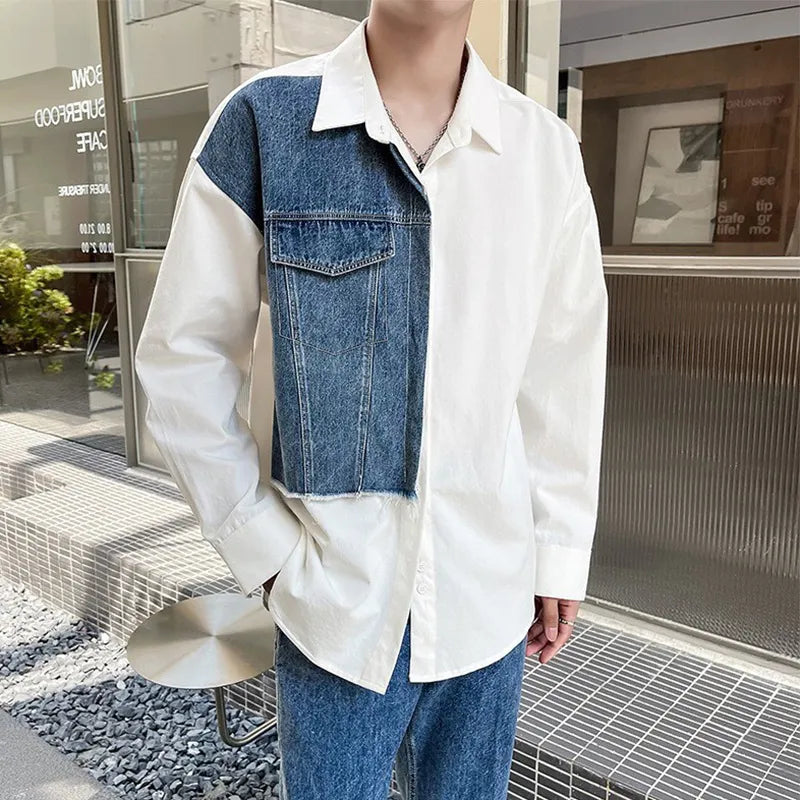 Daily Streetwear Mens Denim Patchwork Shirt Clothes Fashion Turn-down Collar Long Sleeve Button Shirts For Men Fall Casual Tops