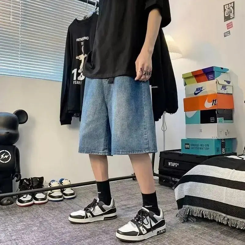 saferido Mens Y2k Casual Sports Denim Shorts 2024 Spring Summer New Genderless Streetwear Simple Solid Color Loose Jeans with Belt Unisex