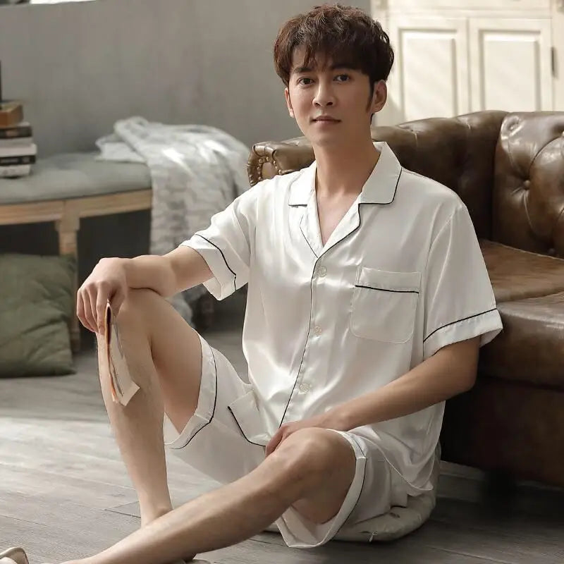 Men Pajama Sets Ice Silk Satin Short Sleeve Shirt+Shorts 2Pcs Suit Summer Thin Sleepwear Solid Color Male Casual Home Clothes