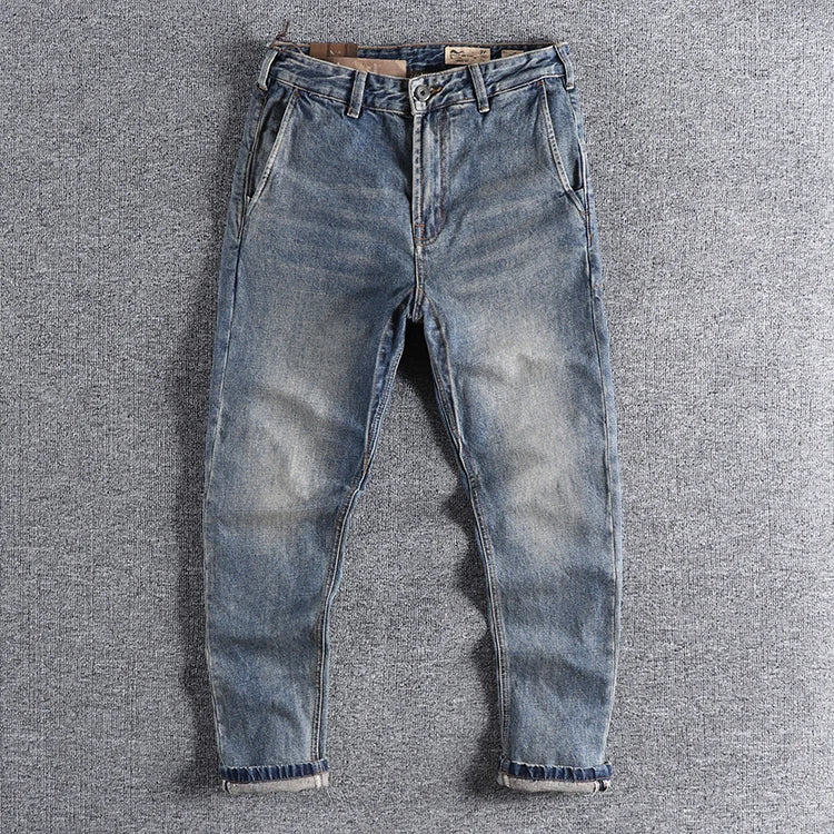 Contrast color pocket autumn American tooling retro light-colored washed youth long pants slim jeans men