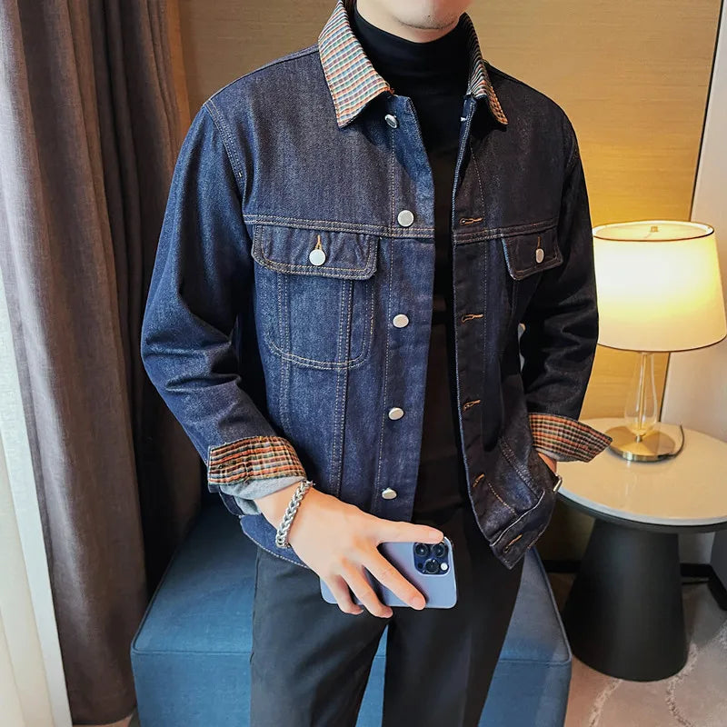 saferido Men's Spring High-quality Casual Denim Jackets/Male Fashion Plaid Business Denim Coat/Man Winter Streetwear Men 3XL-M